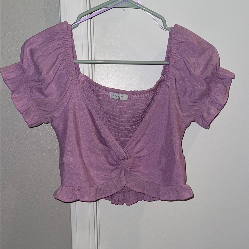 Purple Puff Sleeve Crop Top with Tie Front